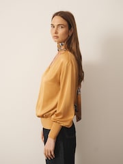 CERENE Bridget Ochre Yellow Cerenity Print Satin Scarf Detail Knitted Back Blouse - Image 2 of 11