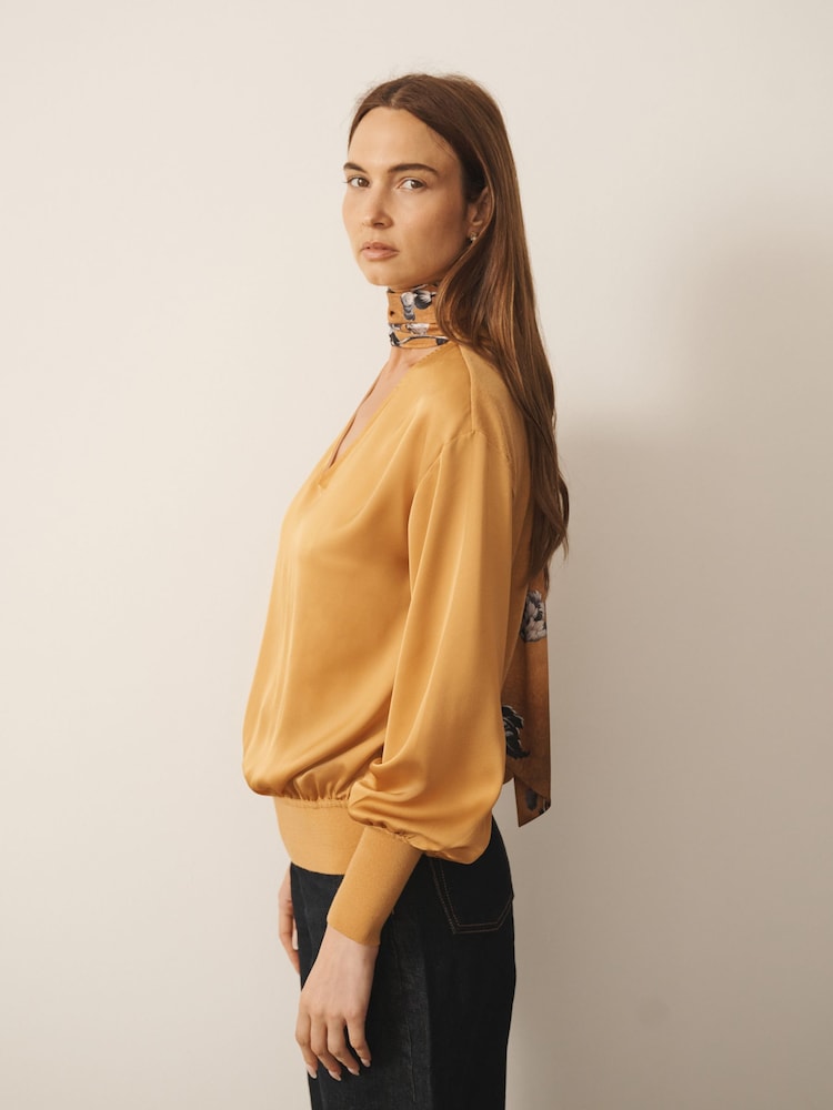CERENE Bridget Ochre Yellow Cerenity Print Satin Scarf Detail Knitted Back Blouse - Image 2 of 11 CERENE Bridget Ochre Yellow Cerenity Print Satin Scarf Detail Knitted Back Blouse - Image 2 of 11