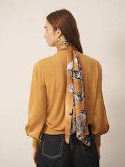 CERENE Bridget Ochre Yellow Cerenity Print Satin Scarf Detail Knitted Back Blouse - Image 3 of 11