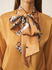 CERENE Bridget Ochre Yellow Cerenity Print Satin Scarf Detail Knitted Back Blouse - Image 4 of 11