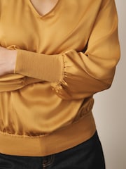 CERENE Bridget Ochre Yellow Cerenity Print Satin Scarf Detail Knitted Back Blouse - Image 5 of 11