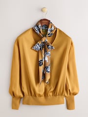 CERENE Bridget Ochre Yellow Cerenity Print Satin Scarf Detail Knitted Back Blouse - Image 6 of 11