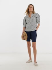 JD Williams Blue Scallop Edge Linen Mix Shorts - Image 1 of 4