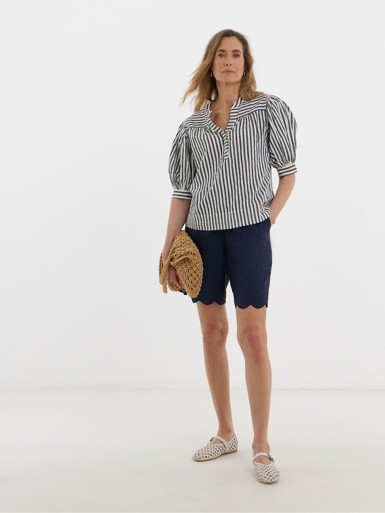 JD Williams Blue Scallop Edge Linen Mix Shorts - Image 1 of 4
