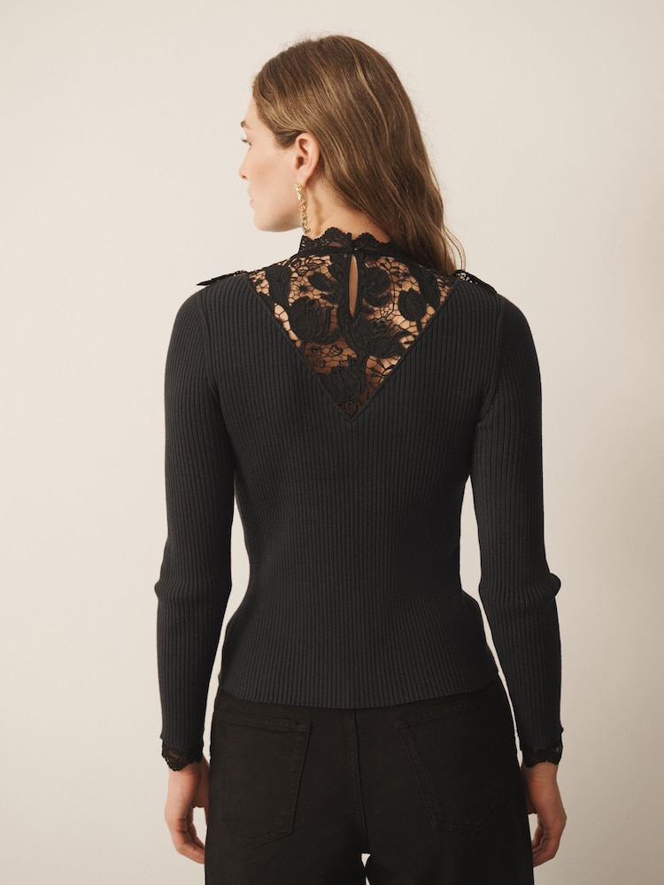 CERENE Eden Black Contrast Lace Panel And Cuff Jumper - Image 2 of 11 CERENE Eden Black Contrast Lace Panel And Cuff Jumper - Image 2 of 11