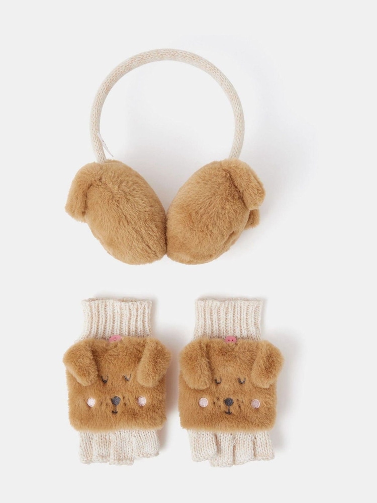 Accessorize Natural Girls Dog Faux Fur Earmuffs & Mittens Set - Image 1 of 1