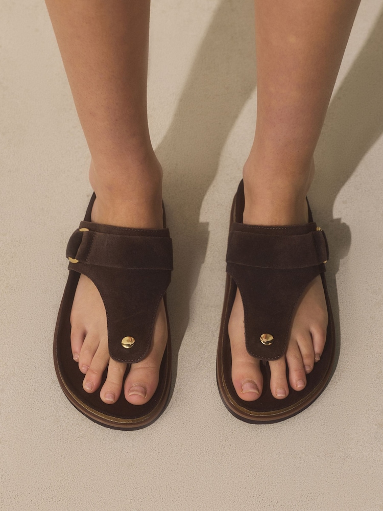 Chocolate Brown Toe Thong Footbed Sandals With Hardware - Image 2 of 5
