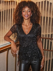 Sosandar Black Embellished Fringe Tassel Top - Image 1 of 5