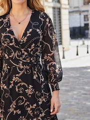 Sosandar Black Baroque Print Wrap Front Midi Dress - Image 3 of 5