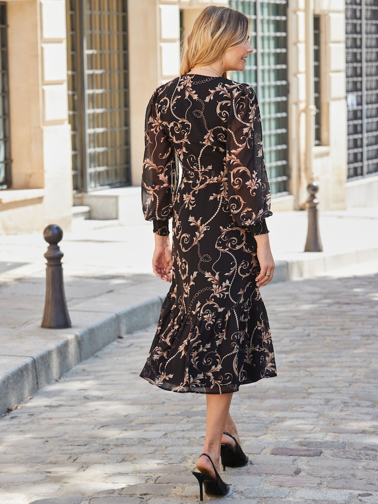Sosandar Black Baroque Print Wrap Front Midi Dress - Image 5 of 5