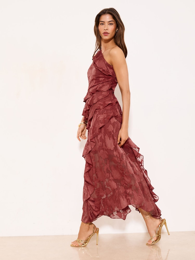 Lipsy Rust Brown Petite One Shoulder Ruffle Burnout Fit And Flare Midi Dress - Image 1 of 5
