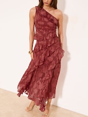 Lipsy Rust Brown Petite One Shoulder Ruffle Burnout Fit And Flare Midi Dress - Image 2 of 5