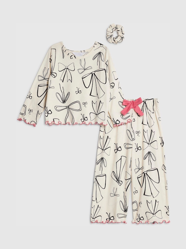 River Island Cream Long Sleeve Mono Bow Pyjamas - Image 1 of 5 River Island Cream Long Sleeve Mono Bow Pyjamas - Image 1 of 5