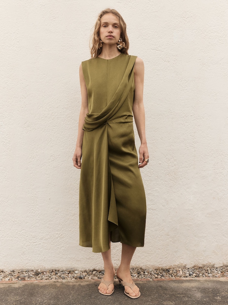 BHOEM Green Satin Sleeveless Draped Midi Dress - Image 2 of 5