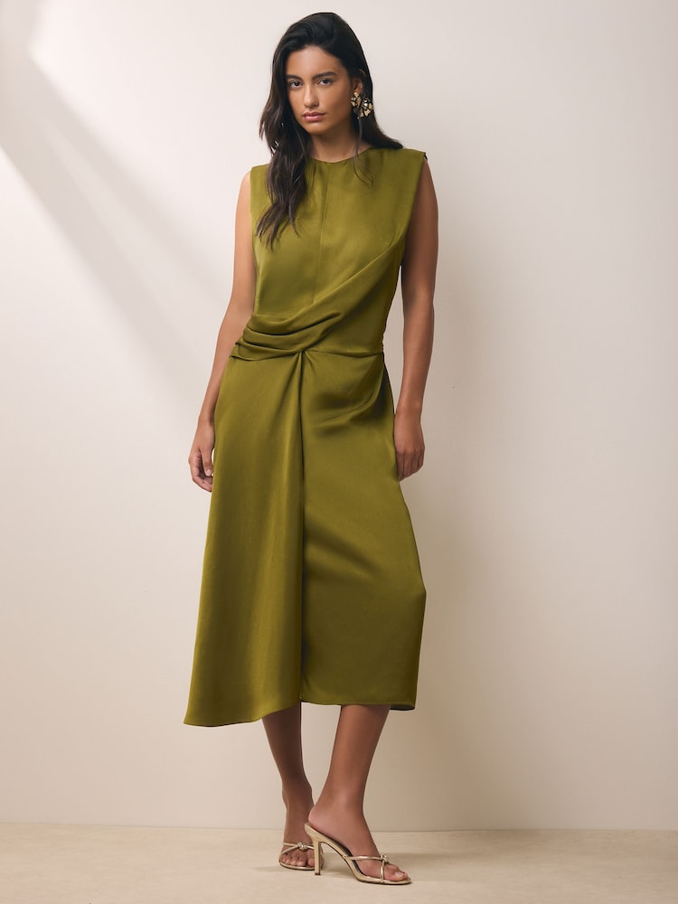 green draped midi dress Reiss Satin Asymmetric Draped Midi Dress in Teal Green