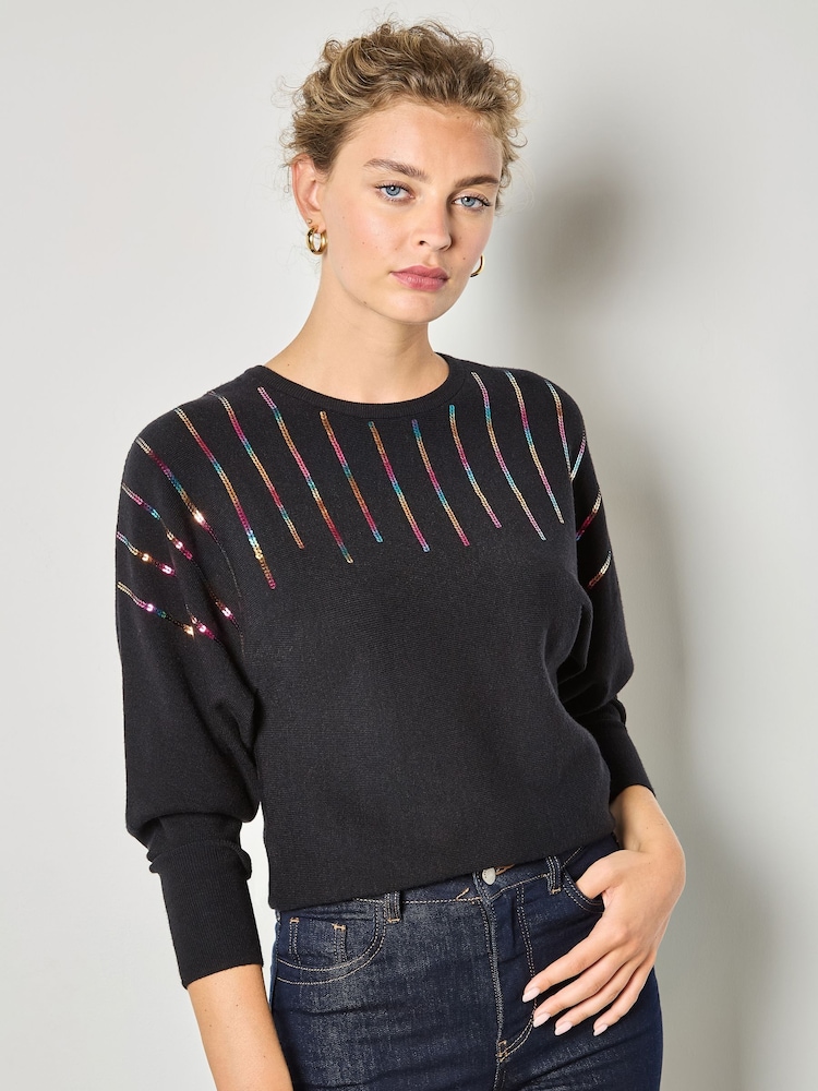 Apricot Black Gradiating Multicolour Sequin Jumper - Image 1 of 4 Apricot Black Gradiating Multicolour Sequin Jumper - Image 1 of 4