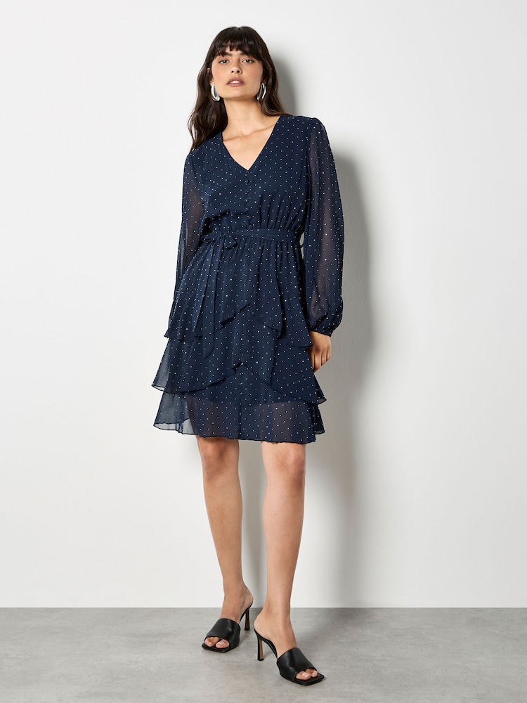 Apricot Blue Heatseal Diamante Long Sleeve Layered Dress - Image 1 of 4 Apricot Blue Heatseal Diamante Long Sleeve Layered Dress - Image 1 of 4