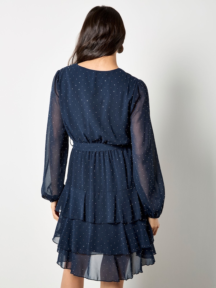 Apricot Blue Heatseal Diamante Long Sleeve Layered Dress - Image 2 of 4 Apricot Blue Heatseal Diamante Long Sleeve Layered Dress - Image 2 of 4