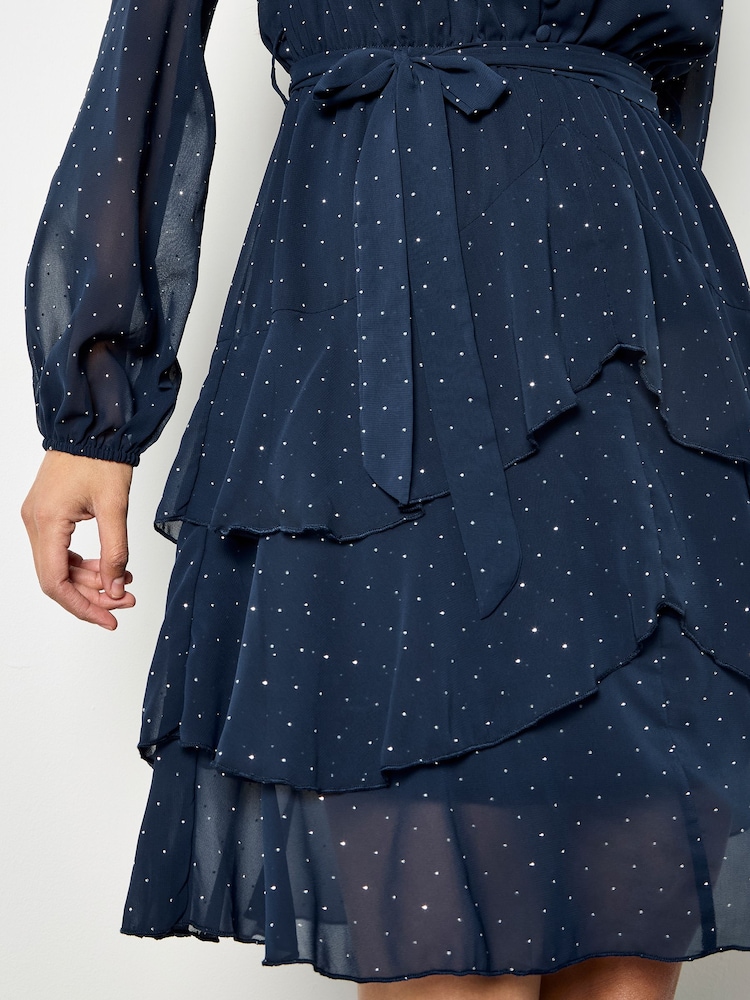 Apricot Blue Heatseal Diamante Long Sleeve Layered Dress - Image 4 of 4 Apricot Blue Heatseal Diamante Long Sleeve Layered Dress - Image 4 of 4