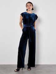 Apricot Blue Velvet Ruffle Sleeve Jumpsuit - Image 1 of 4
