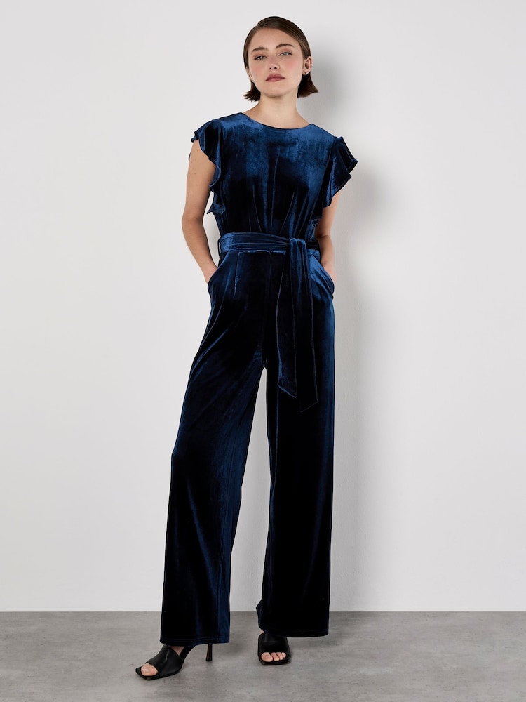 Apricot Blue Velvet Ruffle Sleeve Jumpsuit - Image 1 of 4 Apricot Blue Velvet Ruffle Sleeve Jumpsuit - Image 1 of 4