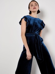 Apricot Blue Velvet Ruffle Sleeve Jumpsuit - Image 2 of 4
