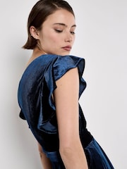 Apricot Blue Velvet Ruffle Sleeve Jumpsuit - Image 3 of 4