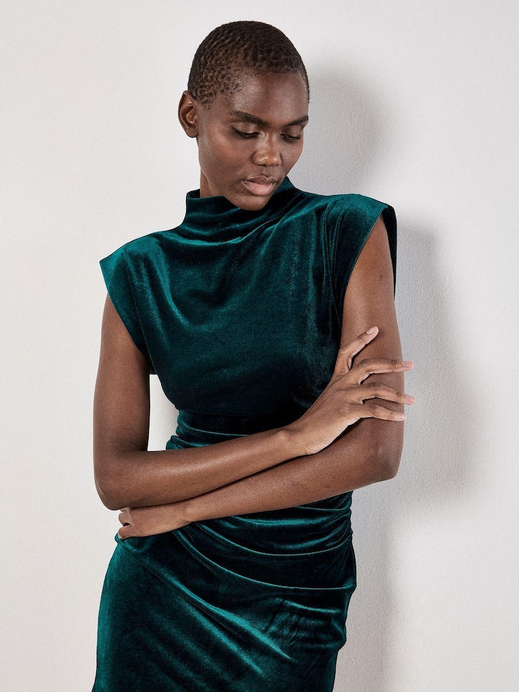 Apricot Green Velvet Cowl Neck Ruched Dress - Image 1 of 4 Apricot Green Velvet Cowl Neck Ruched Dress - Image 1 of 4