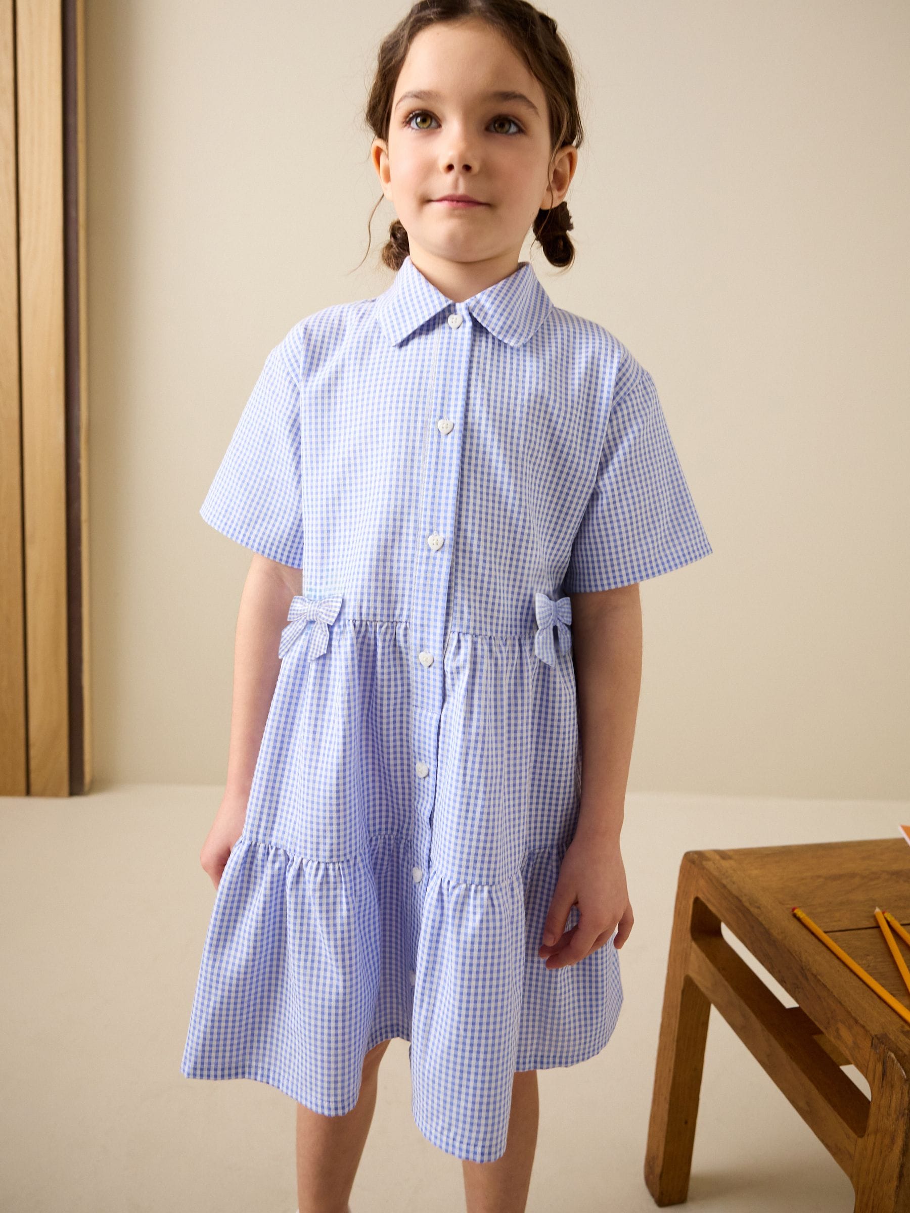 Buy Blue Cotton Rich Utility Bow Gingham School Dress (3-14yrs
