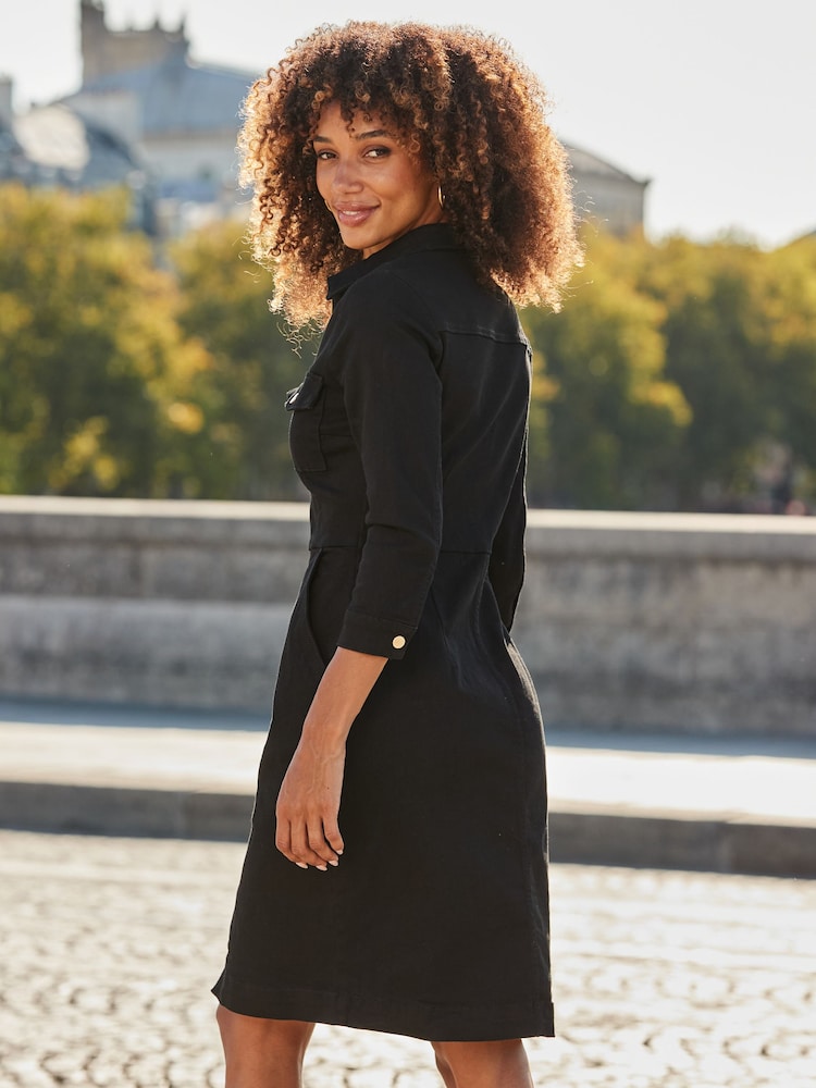 Buy Sosandar Black Zip Through Denim Dress from the Next UK online - Main Image