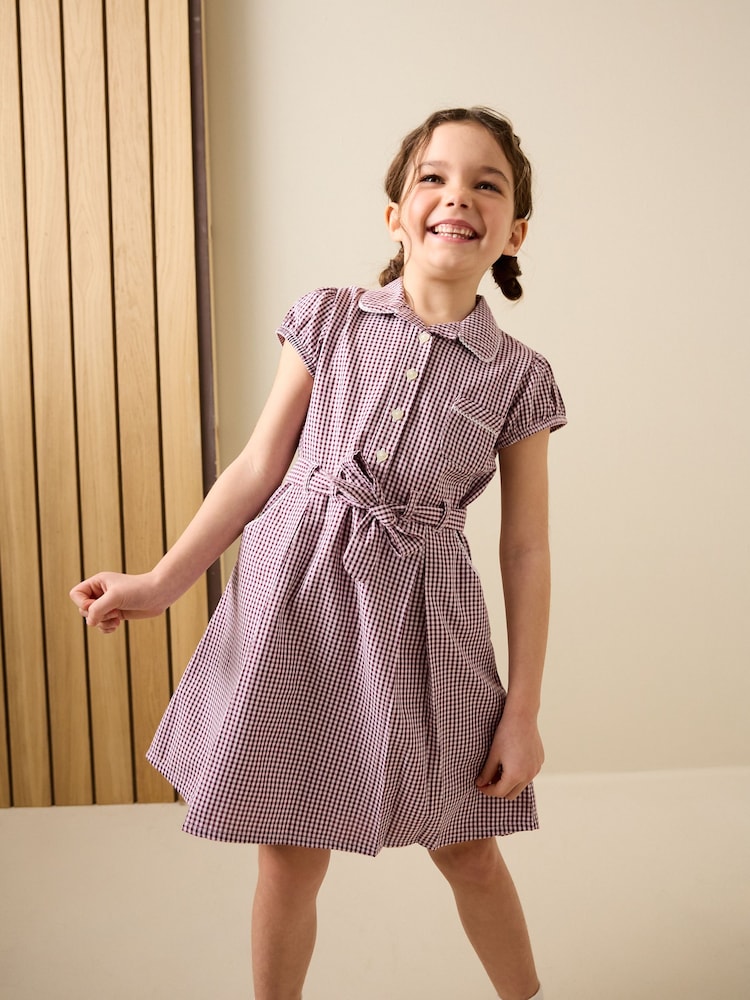 Burgundy Red Cotton Rich Belted School Dress with Scrunchie (3-14yrs) - Image 1 of 4