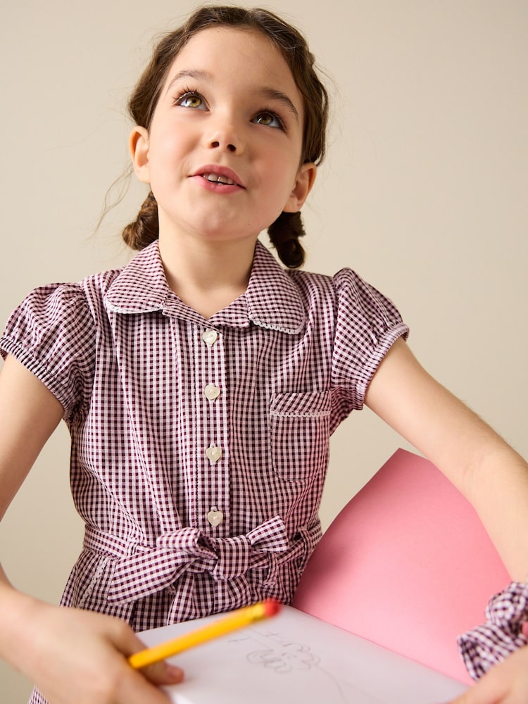 Burgundy Red Cotton Rich Belted School Dress with Scrunchie (3-14yrs) - Image 2 of 4