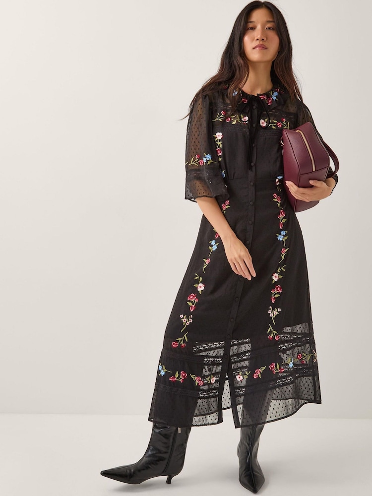 Monsoon Black Alyssa Floral Embroidered Lace Midi Dress - Image 1 of 4 Monsoon Black Alyssa Floral Embroidered Lace Midi Dress - Image 1 of 4