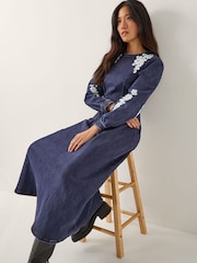 Monsoon Blue Eileen Embroidered Denim Midi Dress - Image 1 of 4
