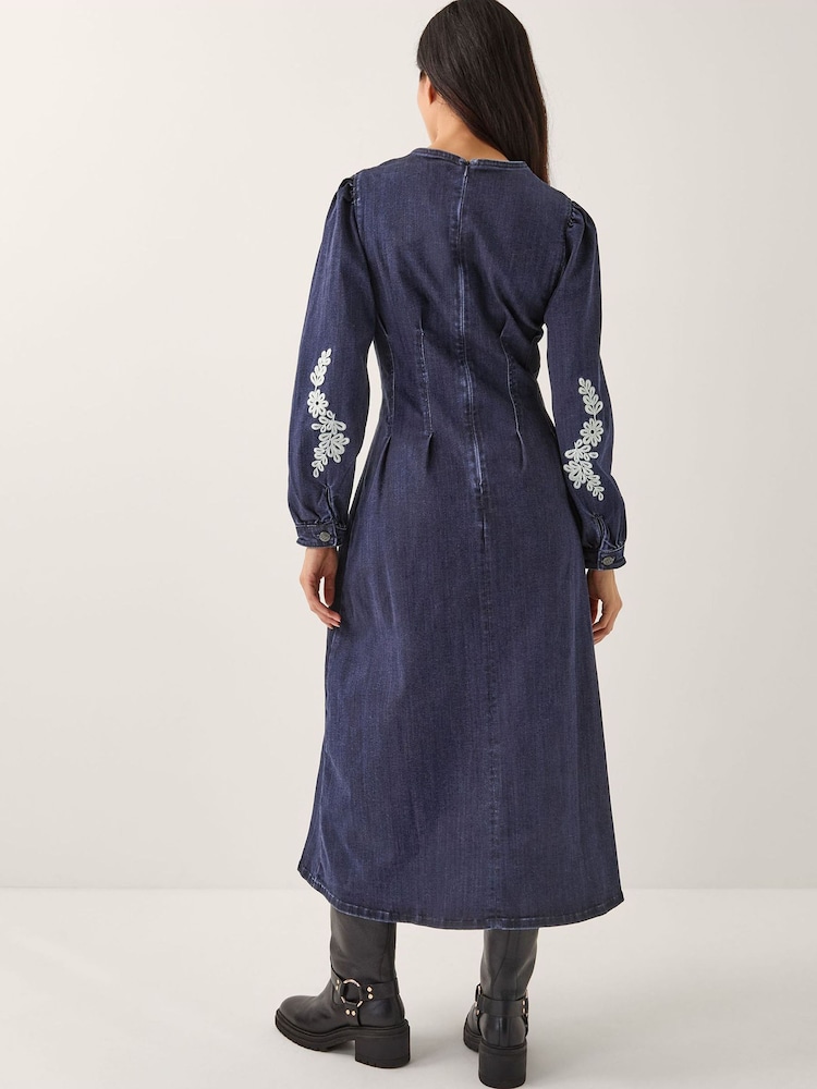 Monsoon Blue Eileen Embroidered Denim Midi Dress - Image 4 of 4