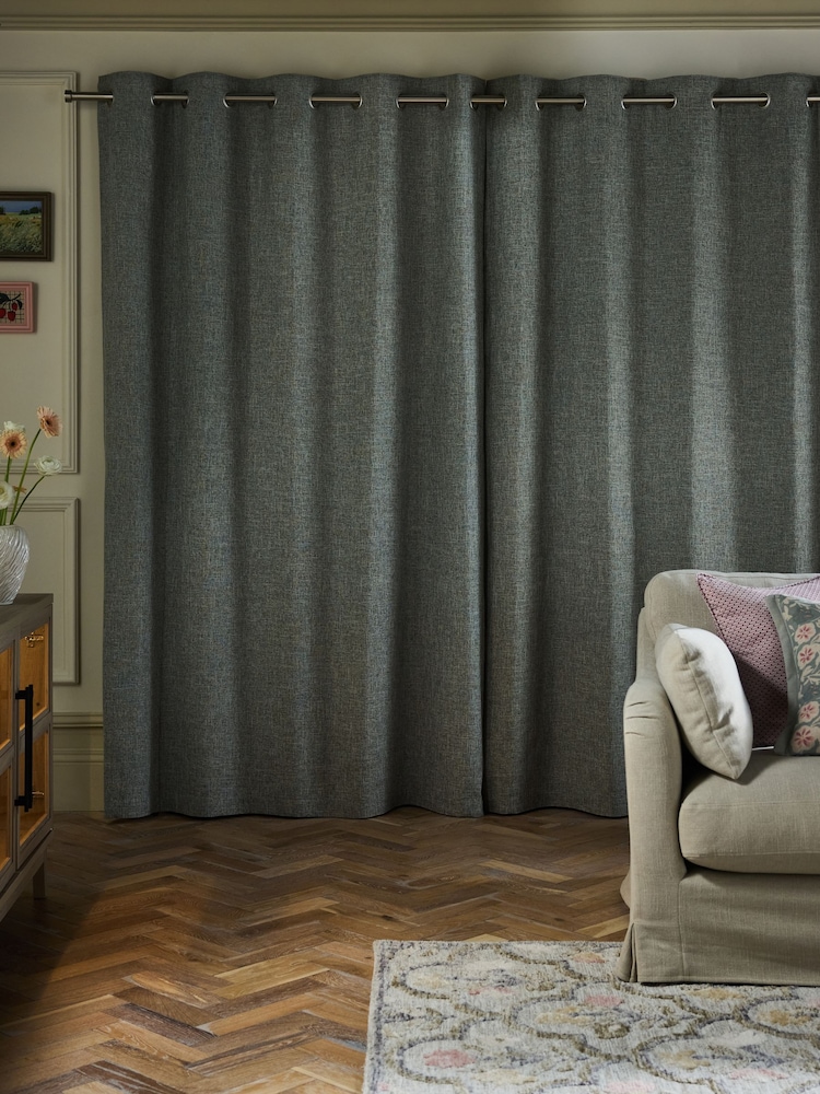 Sage Green Textured Slub Lined Eyelet Curtains - Image 2 of 5
