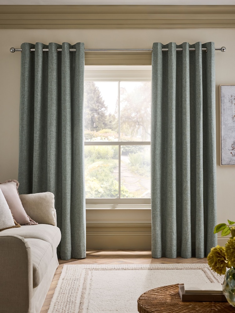 Sage Green Textured Slub Blackout/Thermal Eyelet Curtains - Image 2 of 6 Sage Green Textured Slub Blackout/Thermal Eyelet Curtains - Image 2 of 6
