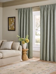 Sage Green Textured Slub Blackout/Thermal Pencil Pleat Curtains - Image 2 of 6