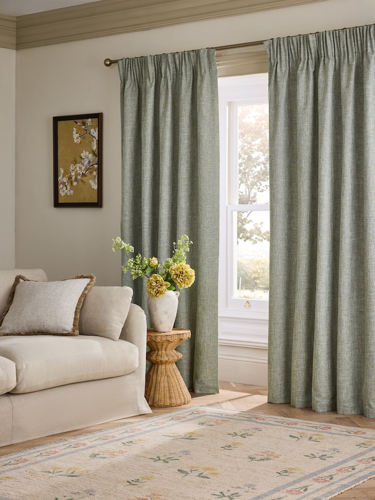 Sage Green Textured Slub Blackout/Thermal Pencil Pleat Curtains - Image 2 of 6 Sage Green Textured Slub Blackout/Thermal Pencil Pleat Curtains - Image 2 of 6