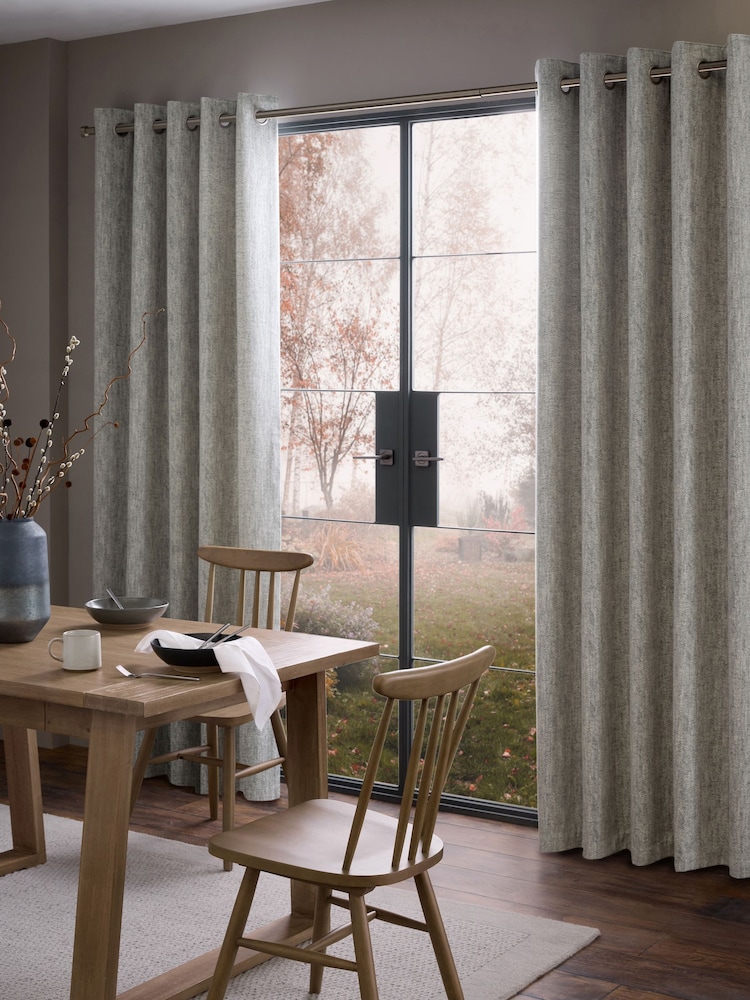 Grey Cosy Herringbone Lined Eyelet Curtains - Image 2 of 5 Grey Cosy Herringbone Lined Eyelet Curtains - Image 2 of 5