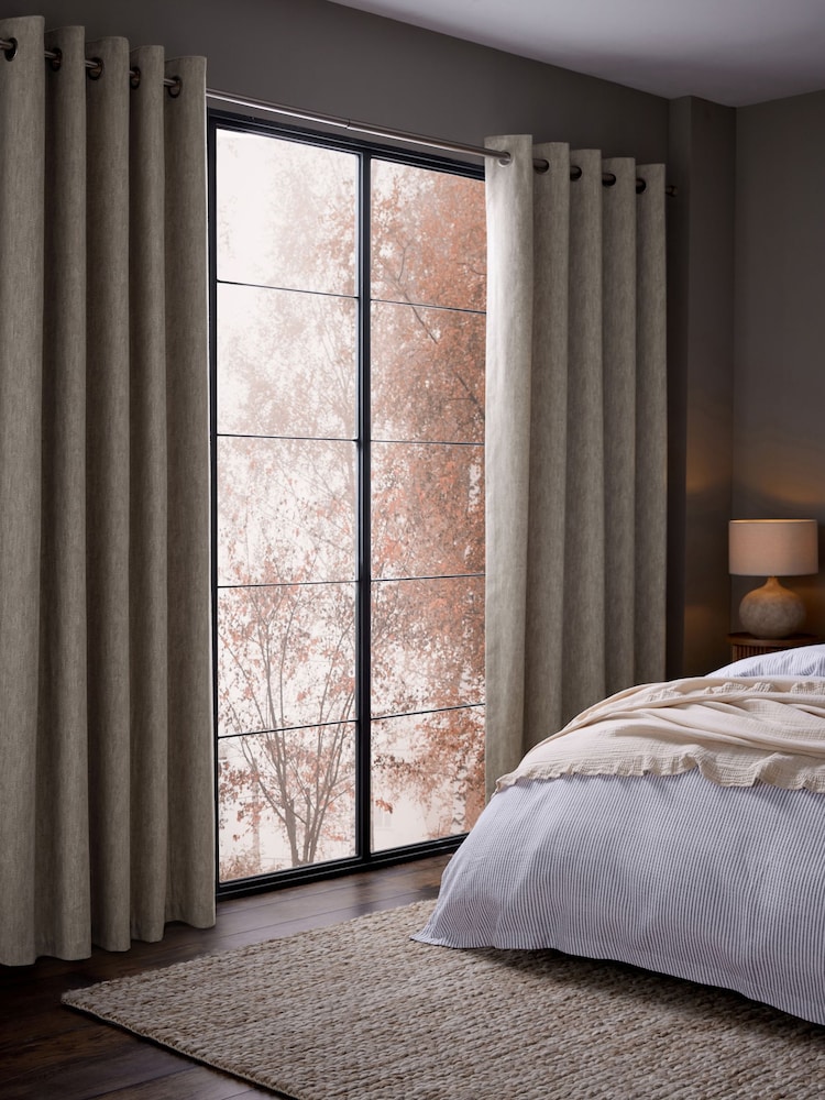 Natural Cosy Herringbone Lined Eyelet Curtains - Image 2 of 5 Natural Cosy Herringbone Lined Eyelet Curtains - Image 2 of 5