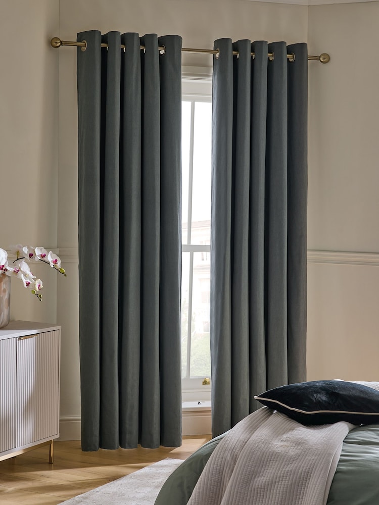 Charcoal Grey Premium Cotton Sateen Blackout Thermal Eyelet Curtains - Image 1 of 2 Charcoal Grey Premium Cotton Sateen Blackout Thermal Eyelet Curtains - Image 1 of 2