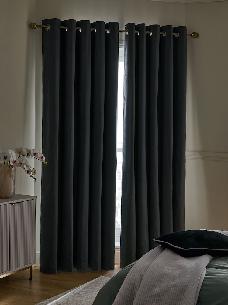 Charcoal Grey Premium Cotton Sateen Blackout Thermal Eyelet Curtains - Image 2 of 2 Charcoal Grey Premium Cotton Sateen Blackout Thermal Eyelet Curtains - Image 2 of 2