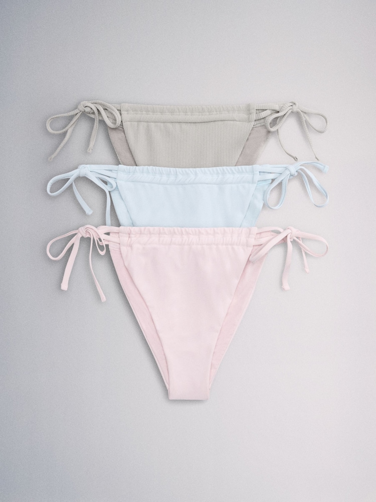 The Set High Leg 3 Pack Tie Bikini Bottoms Pink/Khaki - Image 1 of 6