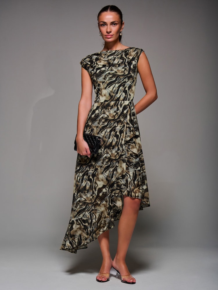 Jolie Moi Animal Asymmetrical Draped Mesh Midaxi Dress - Image 1 of 6