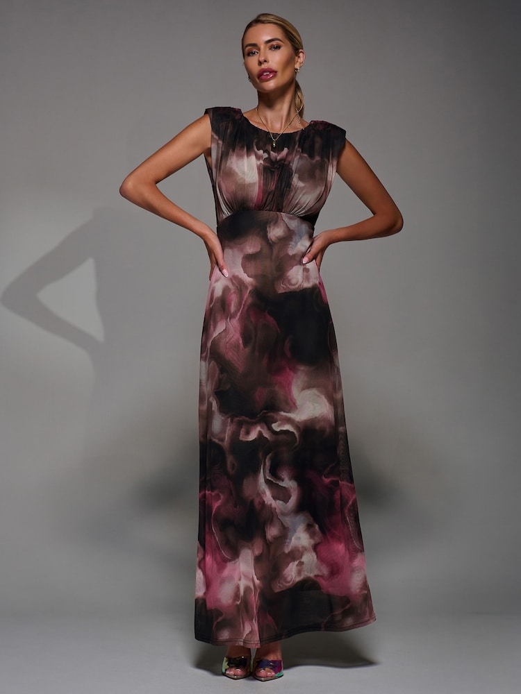 Jolie Moi Pink Slash Neck Fit and Flare Mesh Maxi Dress - Image 1 of 6