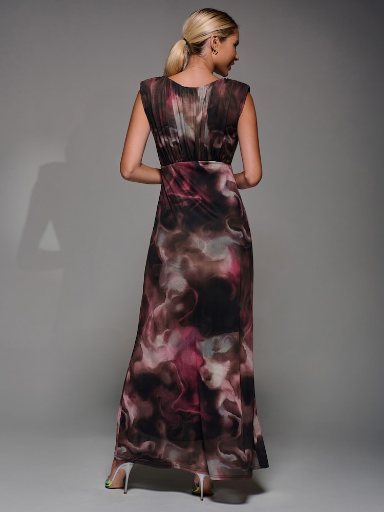 Jolie Moi Pink Slash Neck Fit and Flare Mesh Maxi Dress - Image 2 of 6 Jolie Moi Pink Slash Neck Fit and Flare Mesh Maxi Dress - Image 2 of 6