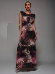 Jolie Moi Pink Slash Neck Fit and Flare Mesh Maxi Dress - Image 4 of 6