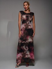 Jolie Moi Pink Slash Neck Fit and Flare Mesh Maxi Dress - Image 5 of 6