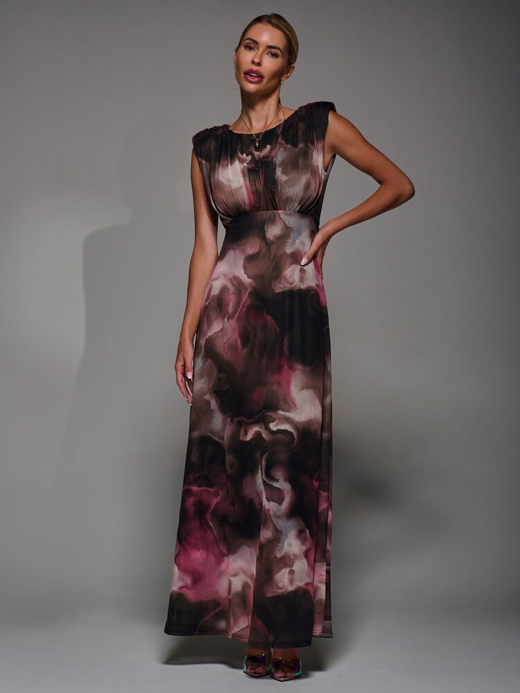Jolie Moi Pink Slash Neck Fit and Flare Mesh Maxi Dress - Image 6 of 6